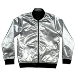 Front view of the silver reverse side of a satin jacket, imprinted with an aerial map of Oakland.