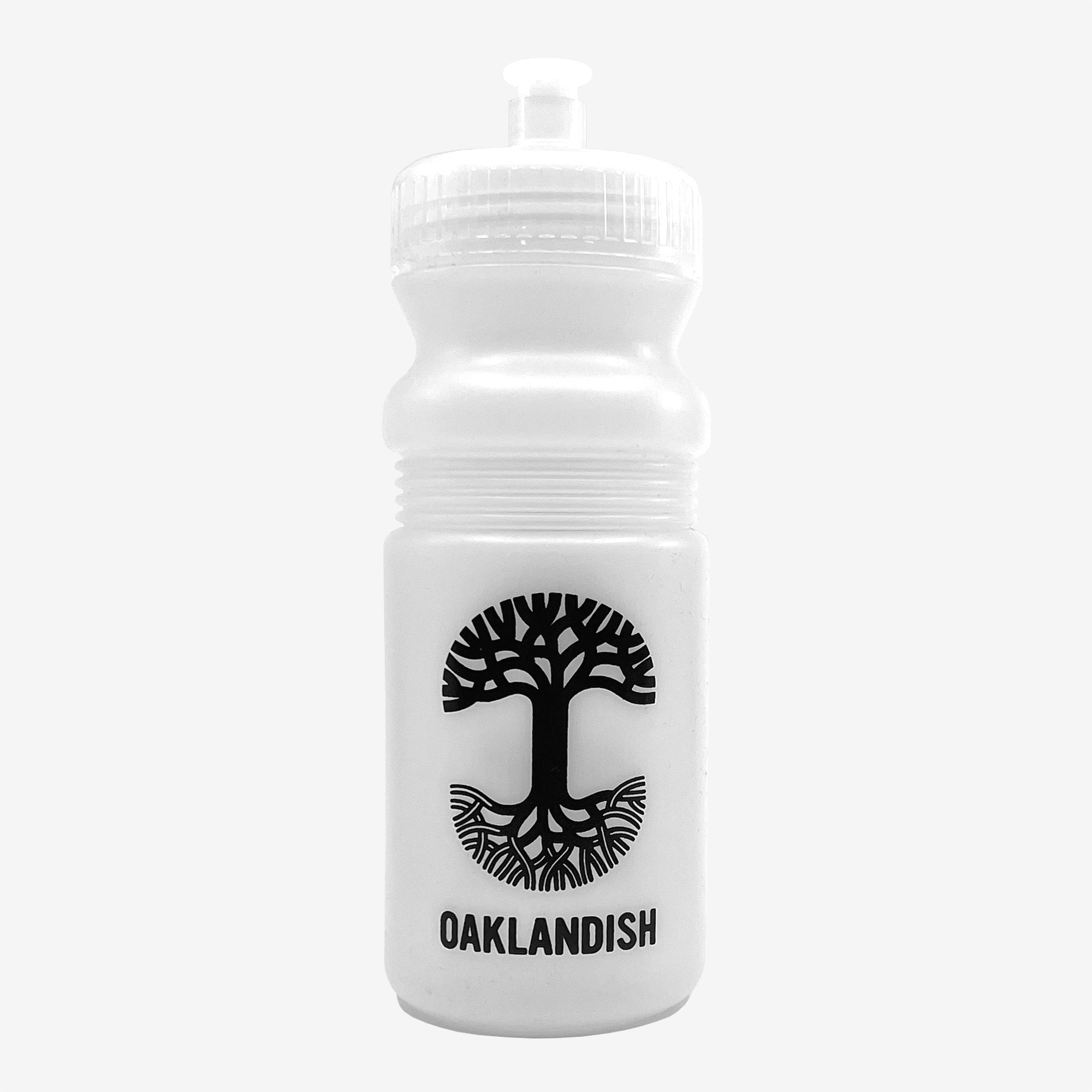 Frost white bicycle water bottle with a black Oaklandish tree logo and wordmark .