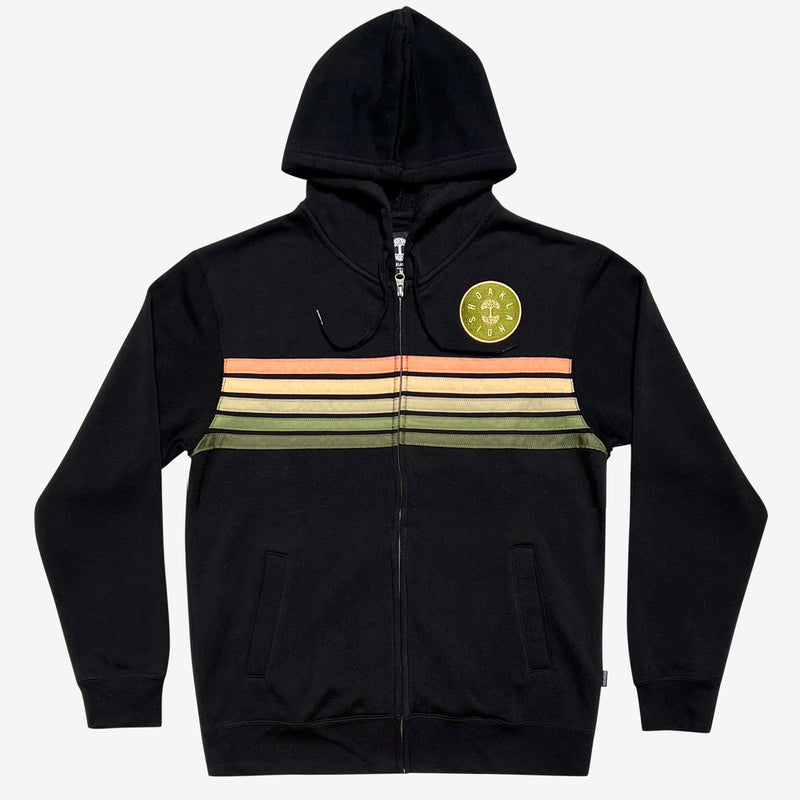 Black full zip hoodie with green, orange and yellow stripes and full-circle Oaklandish logo on the chest.