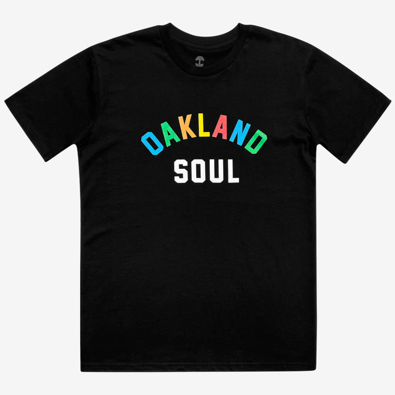 Front view of full color Oakland Soul wordmark logo on black t-shirt.