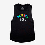 Black women’s tank top with full color OAKLAND wordmark and white SOUL wordmark under it.