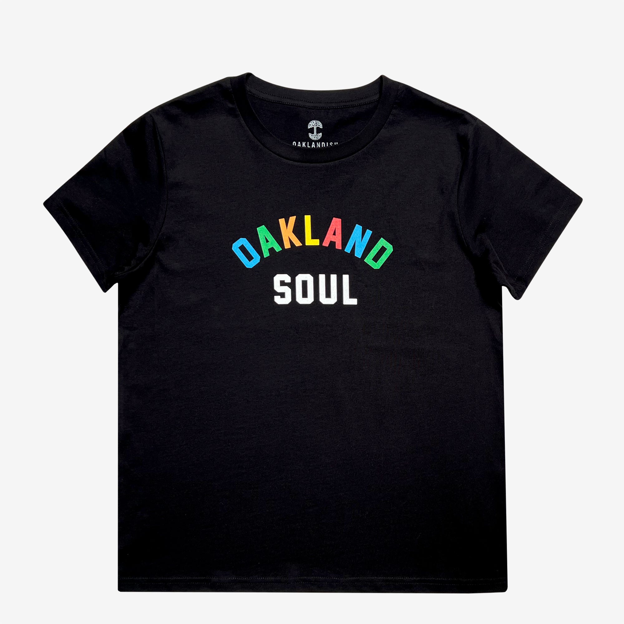 Full color Oakland Soul wordmark logo on a woman’s black t-shirt.