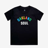 Front view of full color Oakland Soul wordmark logo on black youth sized t-shirt.