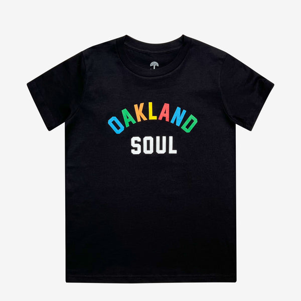Front view of full color Oakland Soul wordmark logo on black youth sized t-shirt.