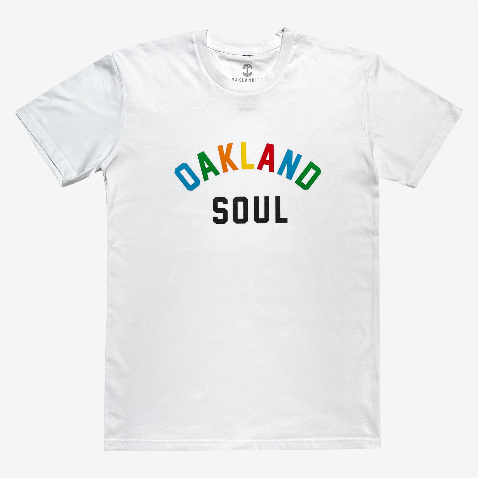 Full color Oakland Soul wordmark logo on white t-shirt.