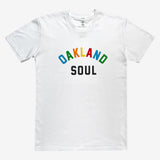 Full color Oakland Soul wordmark logo on white t-shirt.