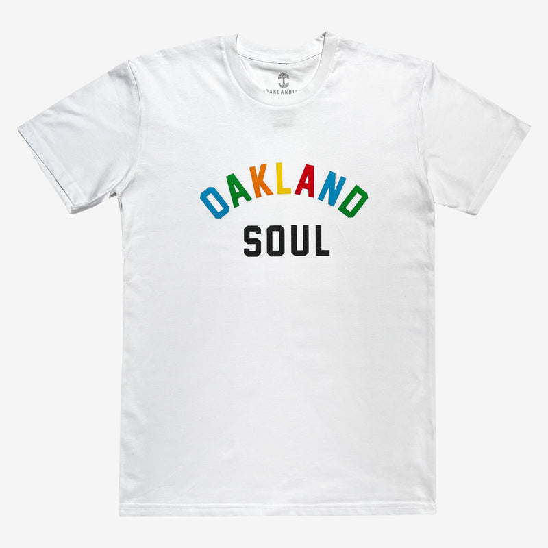 Full color Oakland Soul wordmark logo on white t-shirt.