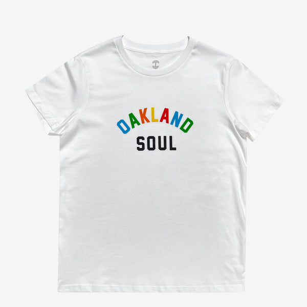 Full color Oakland Soul wordmark logo on women’s white t-shirt.