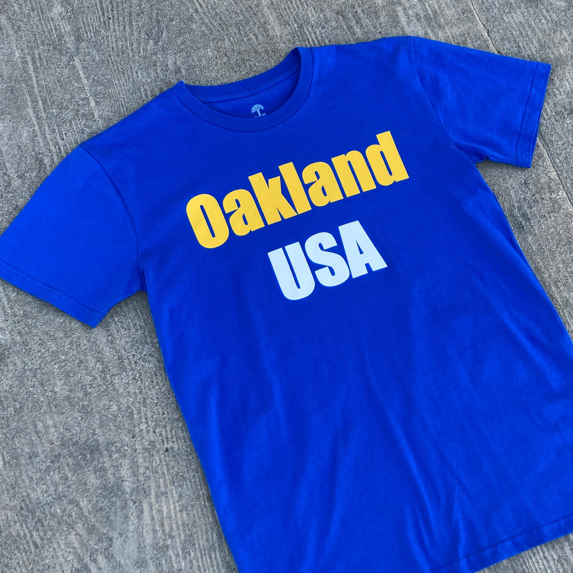 Image of Royal t-shirt with 'Oakland USA' wordmark outside on wood surface.