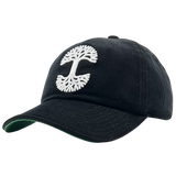 Side view of black Mitchell & Ness snapback truckers cap with white embroidered Oaklandish tree logo.