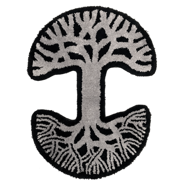 Oaklandish tree logo area rug in black and light grey.