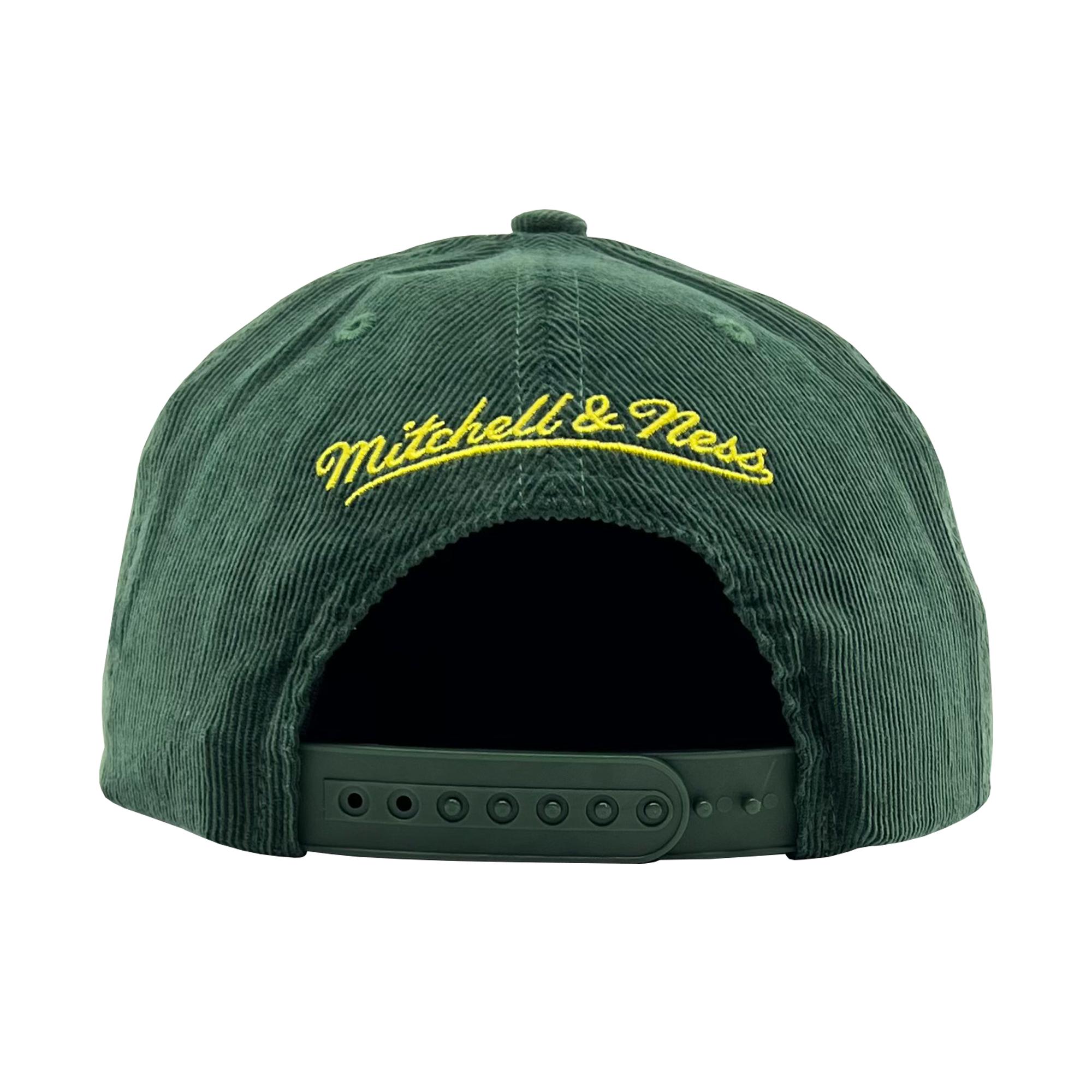 Back view of a green corduroy snapback cap with yellow embroidered  Mitchell & Ness wordmark. 