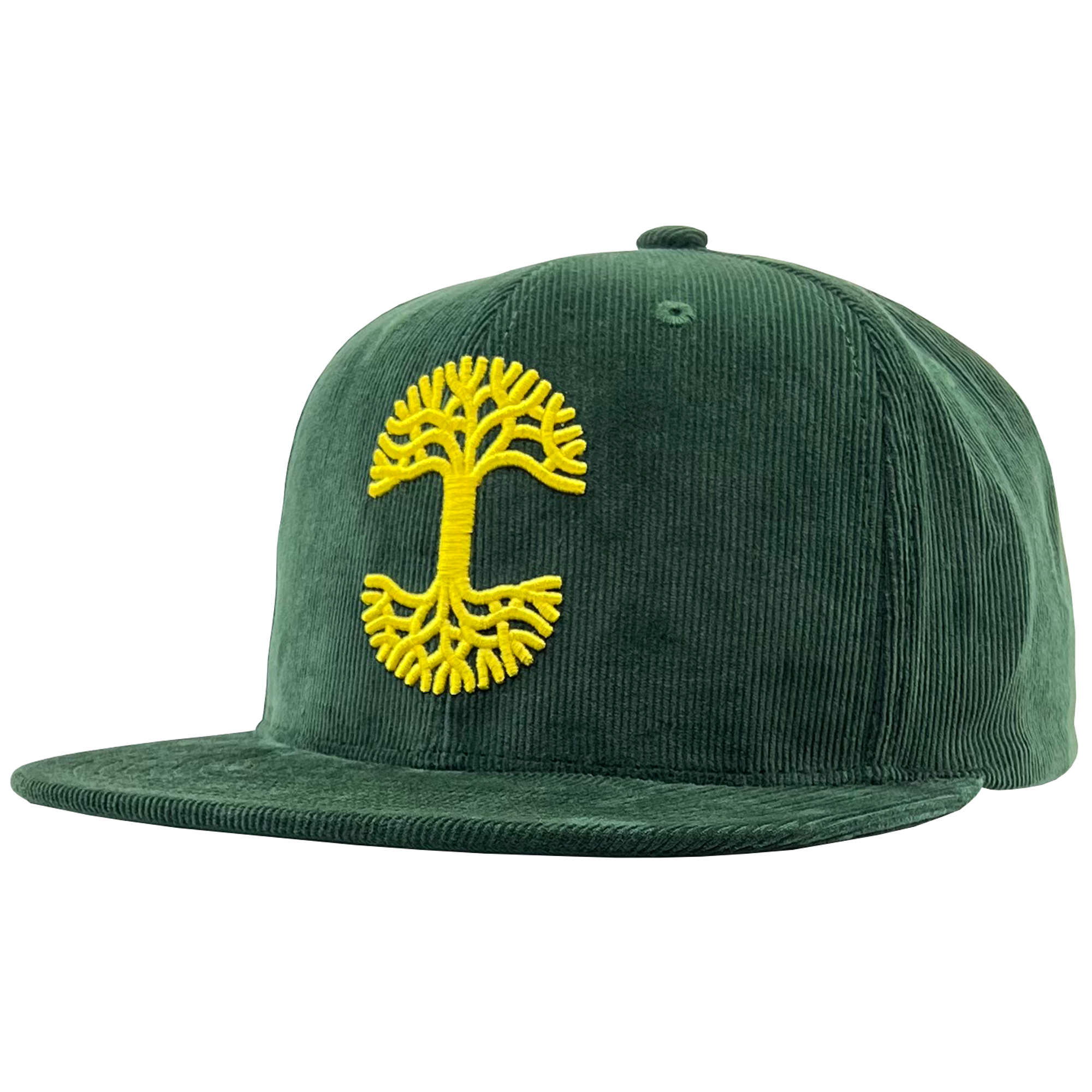 Side view of a green corduroy Mitchell & Ness cap with yellow Oaklandish with embroidered yellow Oaklandish tree logo.