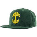 Side view of a green corduroy Mitchell & Ness cap with yellow Oaklandish with embroidered yellow Oaklandish tree logo.