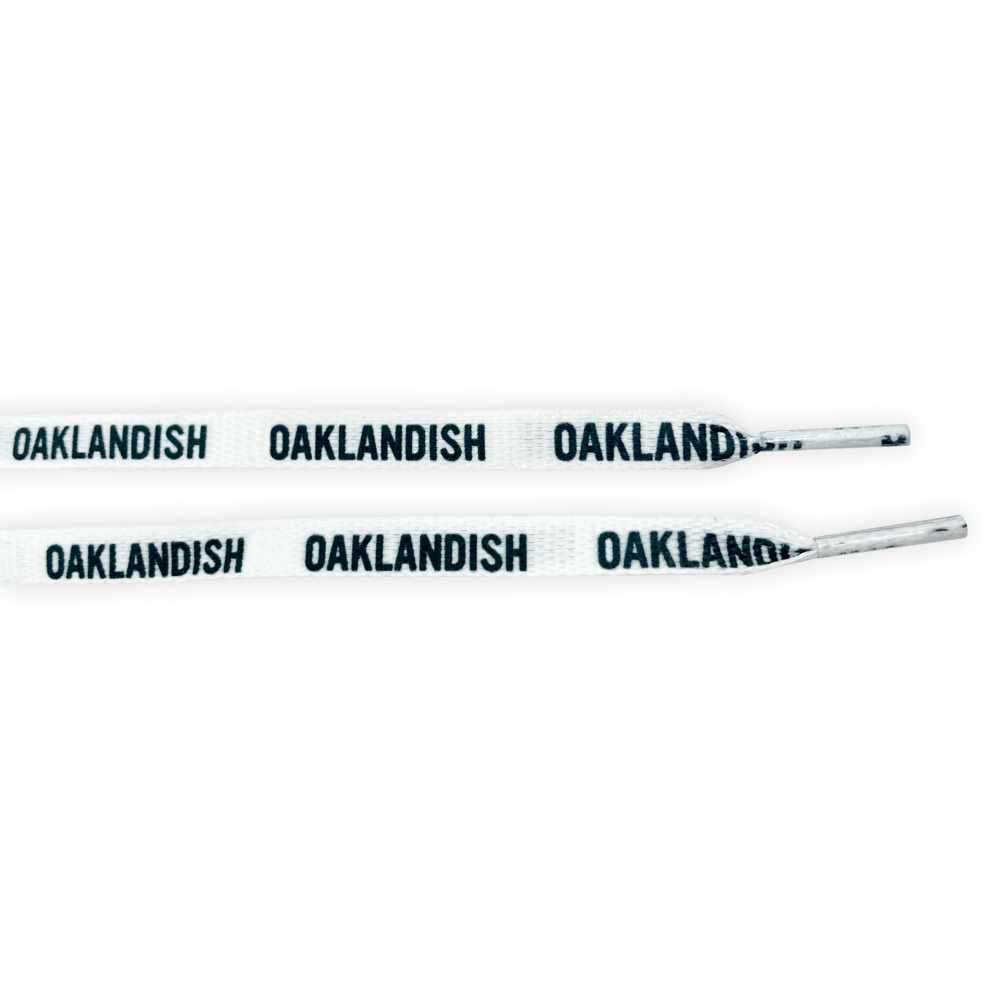 Flat white shoelaces with black Oaklandish wordmark on repeat.