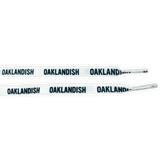 Flat white shoelaces with black Oaklandish wordmark on repeat.