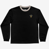 Black long sleeve crew neck tee with a gold Oaklandish tree logo, white wordmark on the left chest, and grey trim on neck.