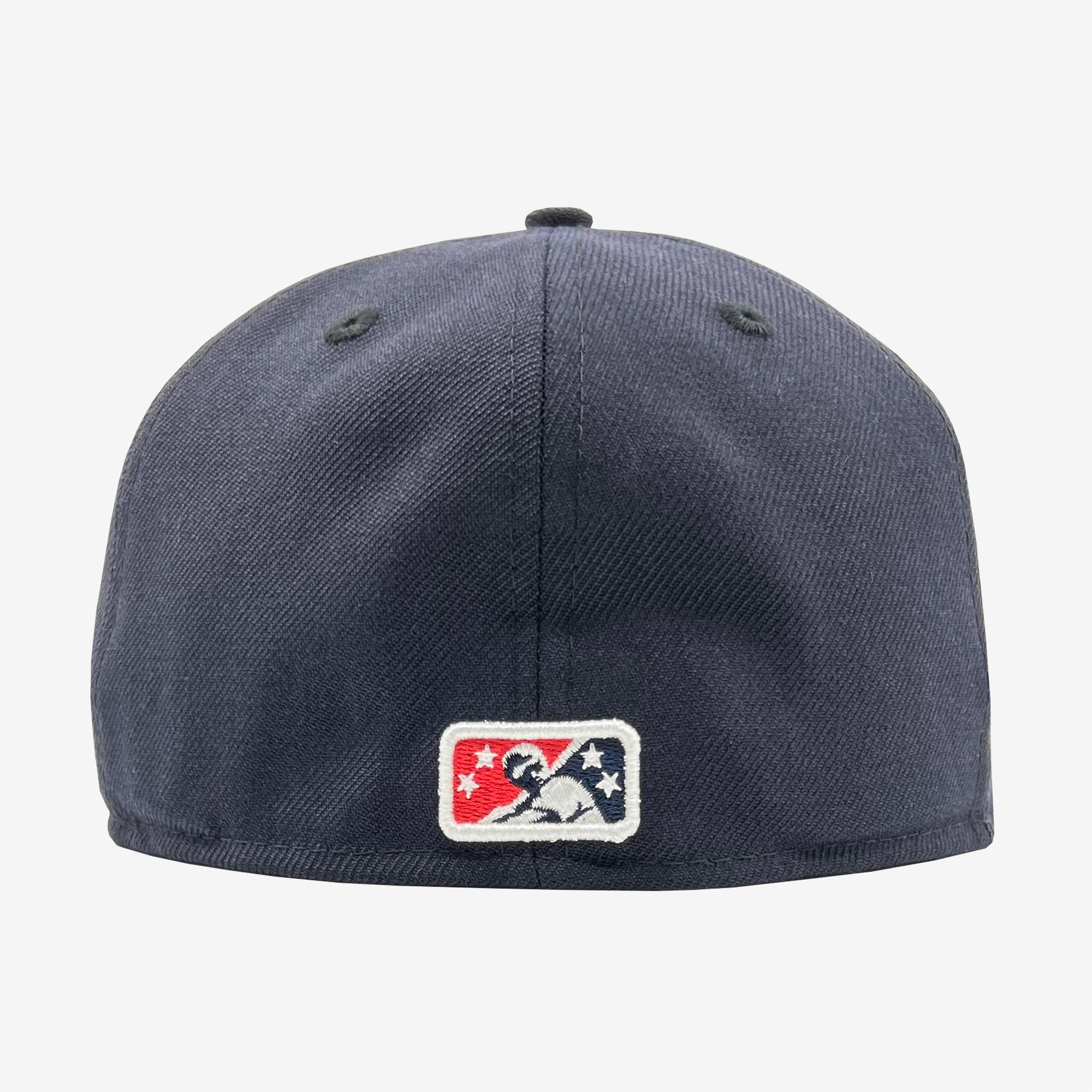 The backside of a navy fitted cap with embroidered Minor League Baseball logo.