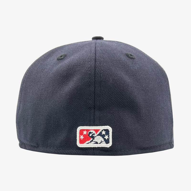 The backside of a navy fitted cap with embroidered Minor League Baseball logo.