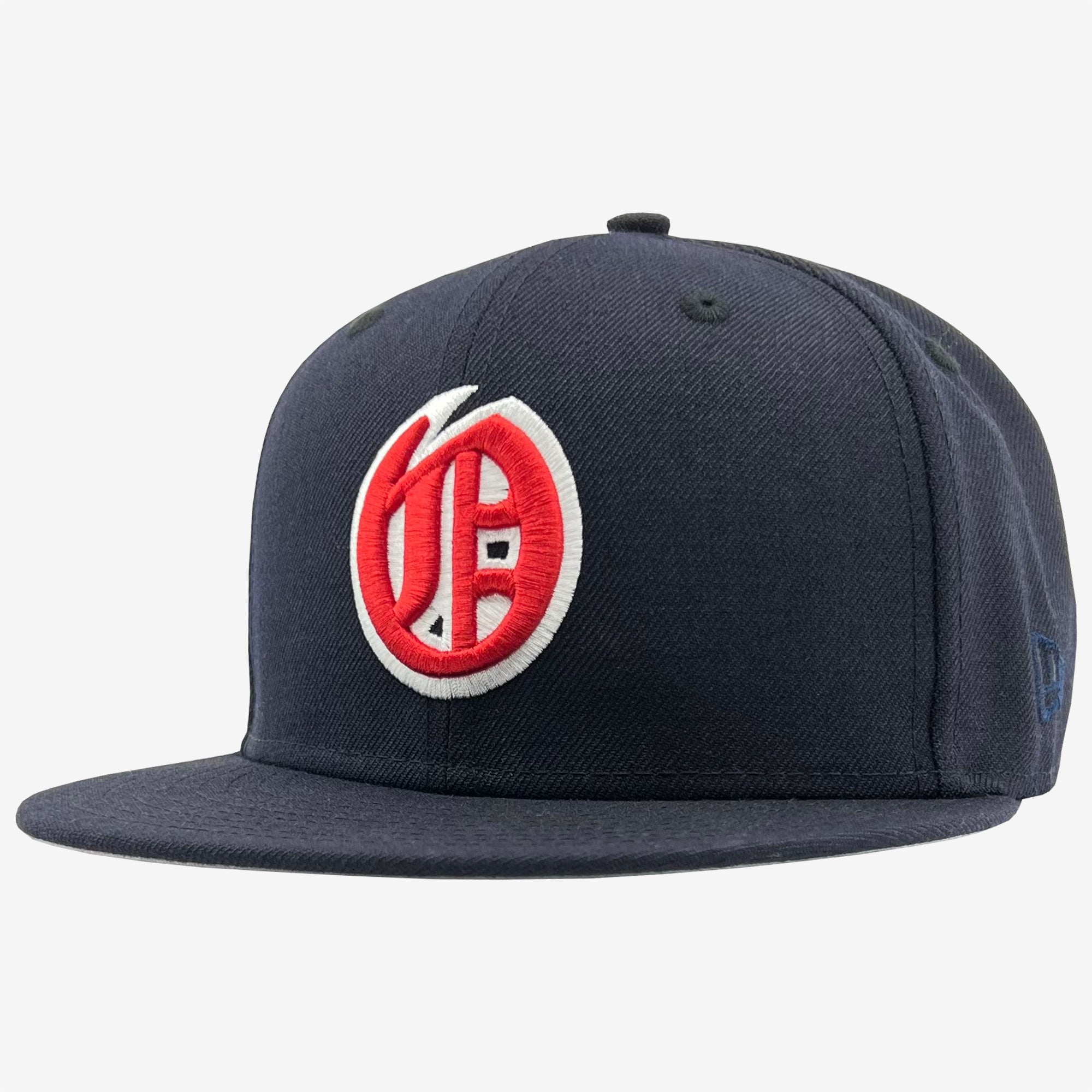 Side view of navy fitted cap with red embroidered Oakland Oaks logo on the crown.