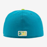 The backside of a teal New Era fitted cap with embroidered Minor League Baseball logo.