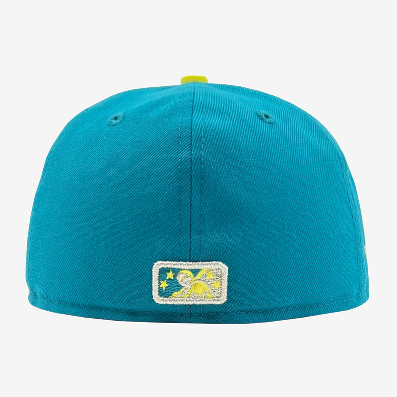 The backside of a teal New Era fitted cap with embroidered Minor League Baseball logo.