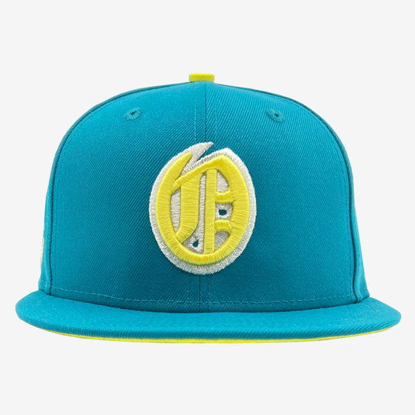 Front view of teal fitted cap with yellow embroidered Oakland Oaks logo on the crown.