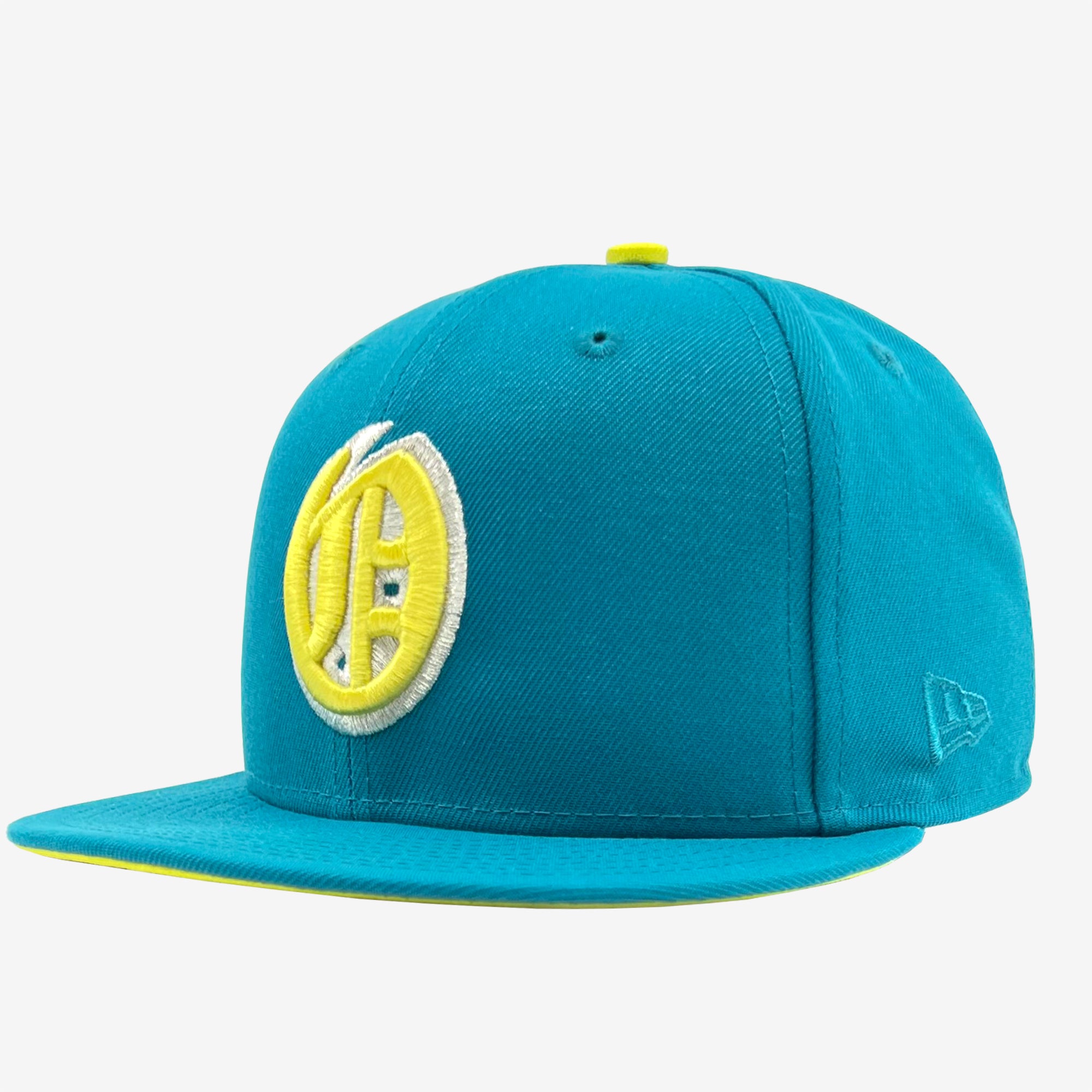 Side view of teal fitted cap with yellow embroidered Oakland Oaks logo on the crown.