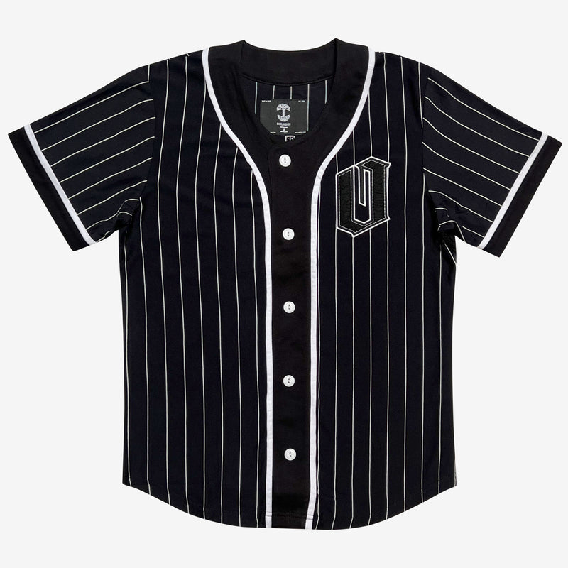 White striped black baseball jersey with black and white O for Oakland applique on the chest.