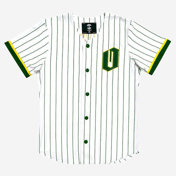 Green striped white baseball jersey, green and yellow sleeve trim, and green and gold O for Oakland applique on the chest.