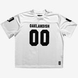 White mesh football jersey with 00 black numbers and large black Oaklandish wordmark.