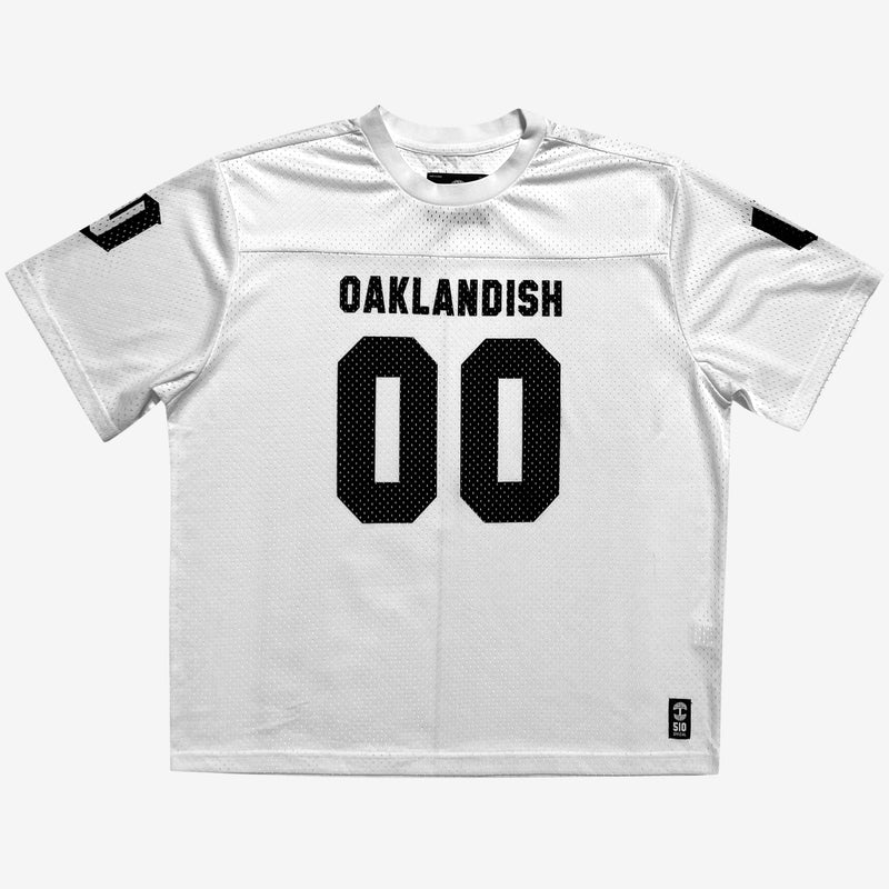 White mesh football jersey with 00 black numbers and large black Oaklandish wordmark.