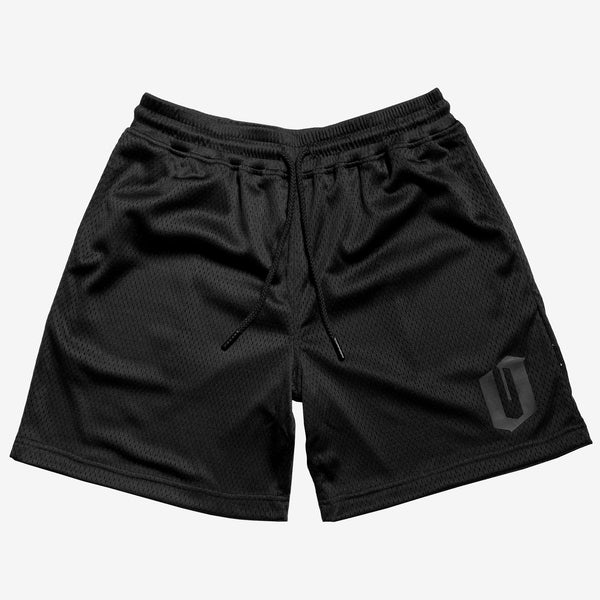 Men’s black mesh athletic shorts with O for Oakland Official logo on the bottom of left leg. 