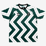 Soccer jersey with green and white zig-zag pattern and black Oakland O and Oaklandish tree logo on either side of the chest.