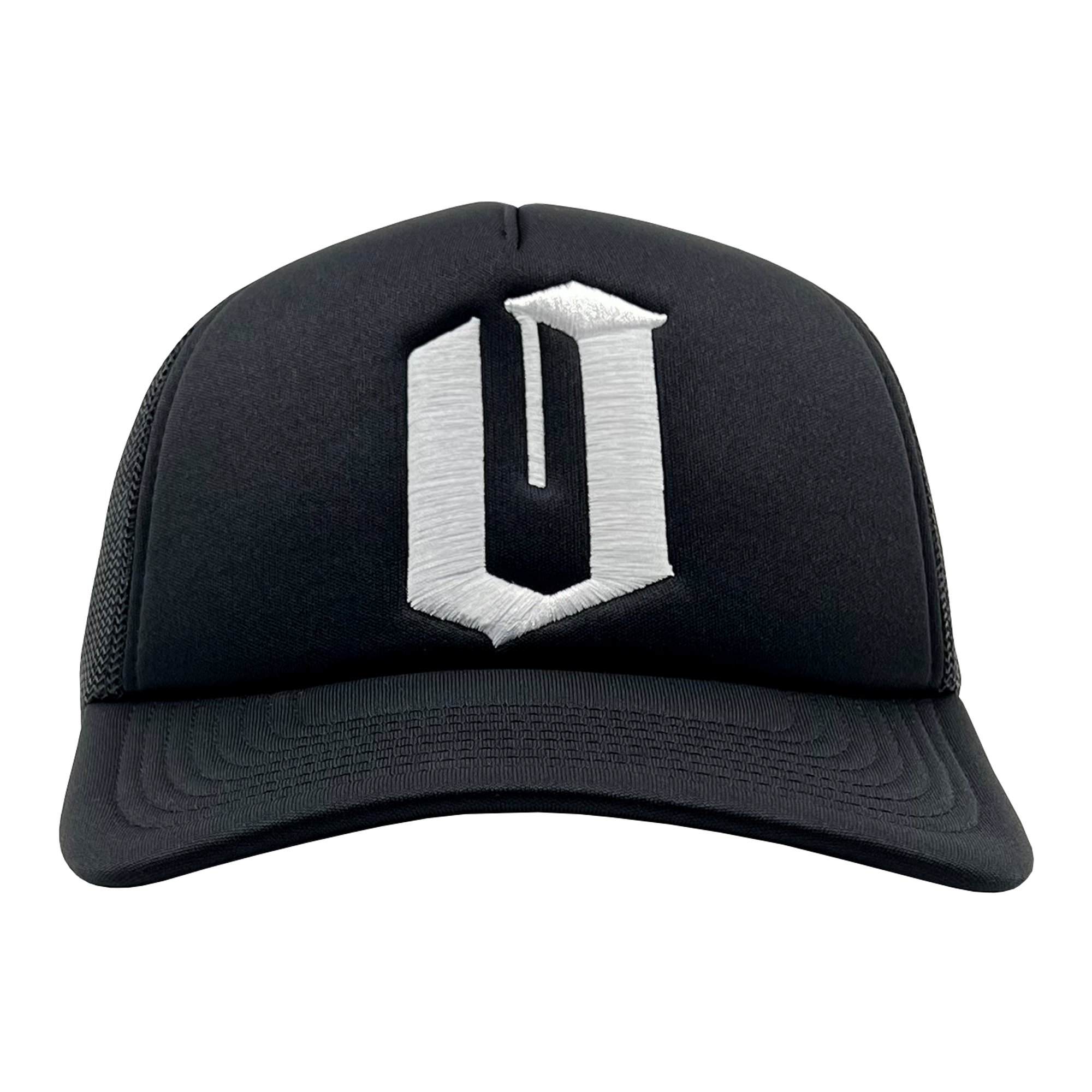 The Official O Trucker by Oaklandish is a black trucker snapback with a curved brim and mesh back. The front panel features a large, stylized, white letter "O" embroidered in a bold, three-dimensional design.