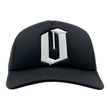 Front view of black Mitchell & Ness snapback truckers cap with a white embroidered official O logo.