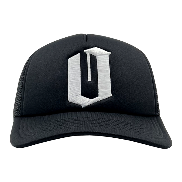 Front view of black Mitchell & Ness snapback truckers cap with a white embroidered official O logo.