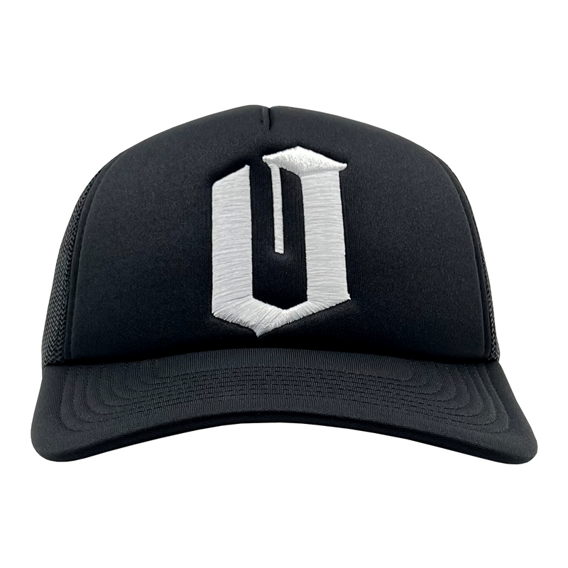 Front view of black Mitchell & Ness snapback truckers cap with a white embroidered official O logo.
