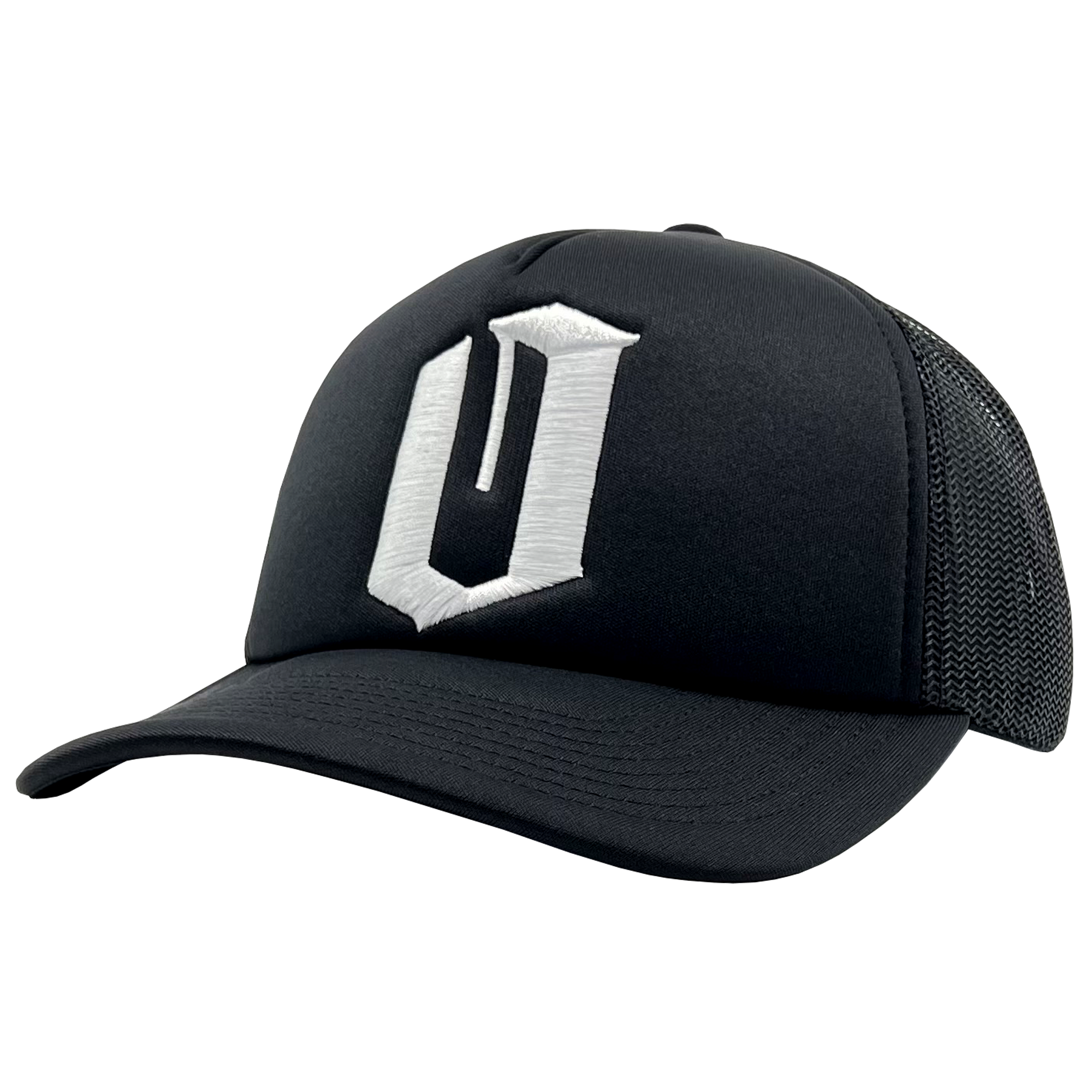 The Official O Trucker by Oaklandish is a sleek and modern black trucker snapback baseball cap. It features a curved brim and a breathable mesh back. The front panel showcases an embroidered white "O" design in a stylized, angular font, combining solid fabric on the front with mesh for optimal comfort.