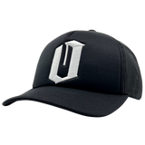Side view of black Mitchell & Ness snapback truckers cap with white embroidered Official O logo.