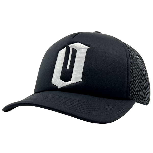 Side view of black Mitchell & Ness snapback truckers cap with white embroidered Official O logo.
