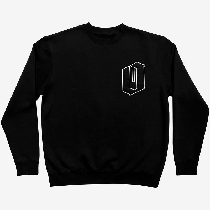 A black crewneck sweatshirt with black and white O for Oakland applique patch on left wear side chest.