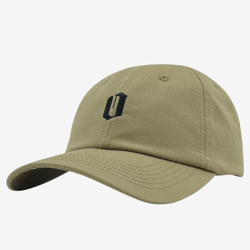 Side view of khaki dad hat with black embroidered 'O' logo on crown.