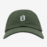 Olive dad hat with white embroidered 'O' logo on crown.