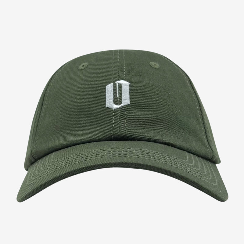 Olive dad hat with white embroidered 'O' logo on crown.