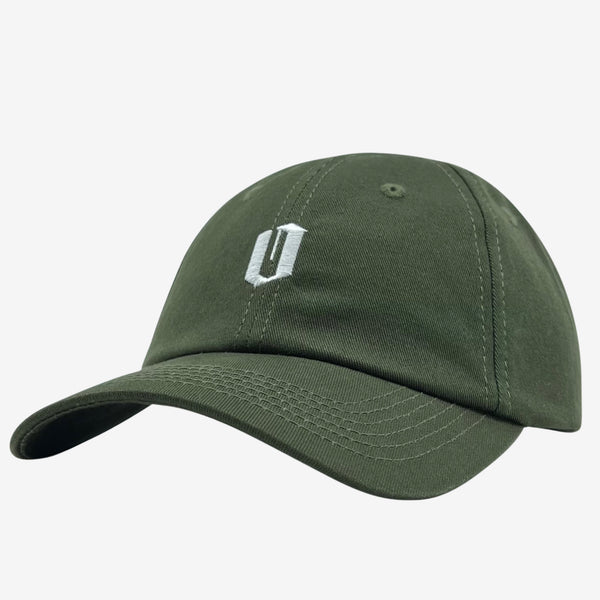 Side view of olive dad hat with white embroidered 'O' logo on crown.