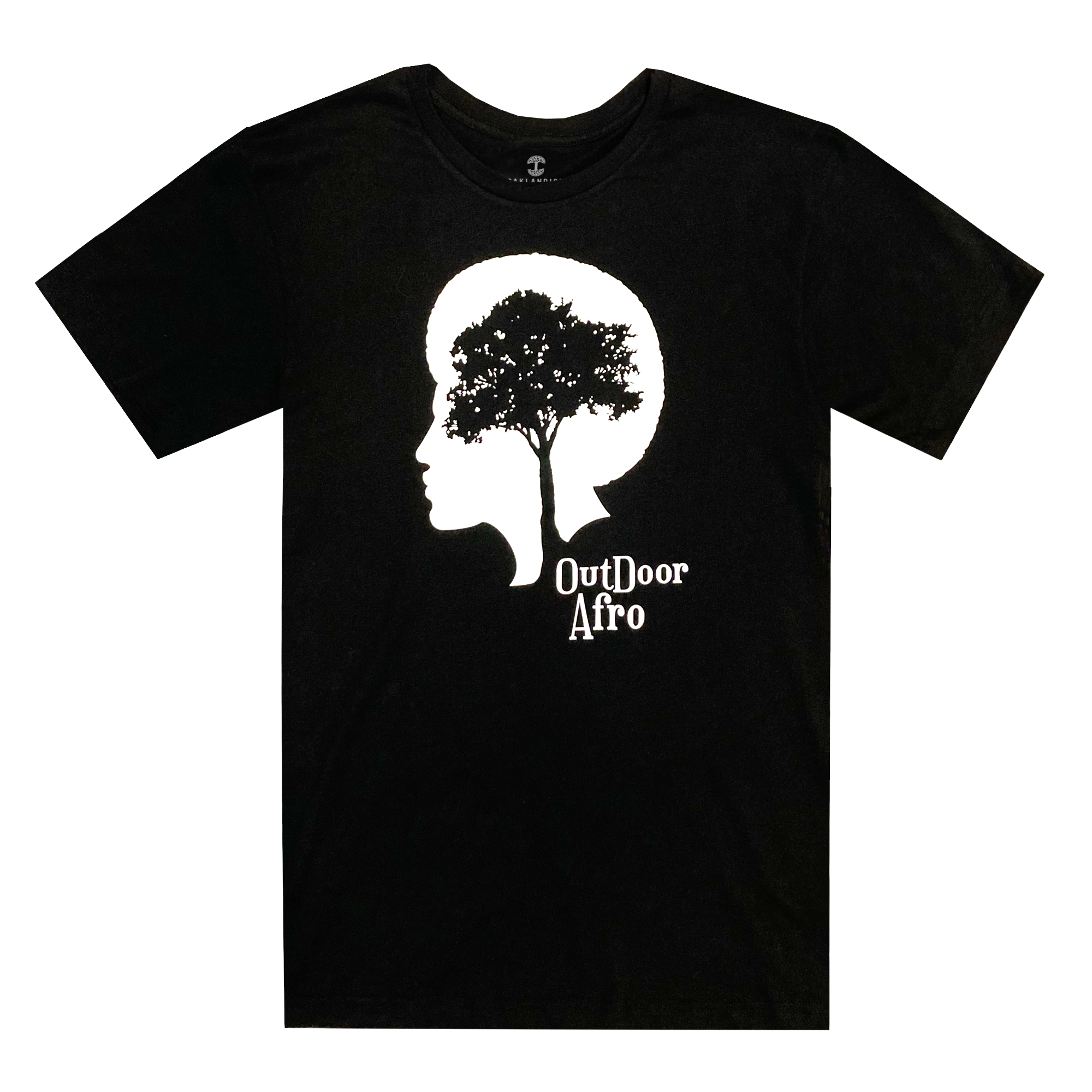 Front view of a black t-shirt with white OutDoor Afro logo and wordmark.