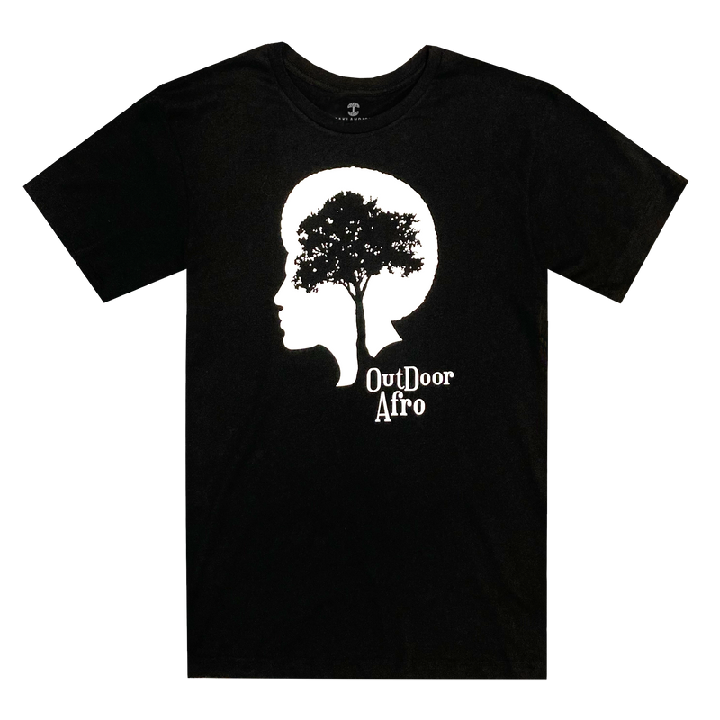 Front view of a black t-shirt with white OutDoor Afro logo and wordmark.