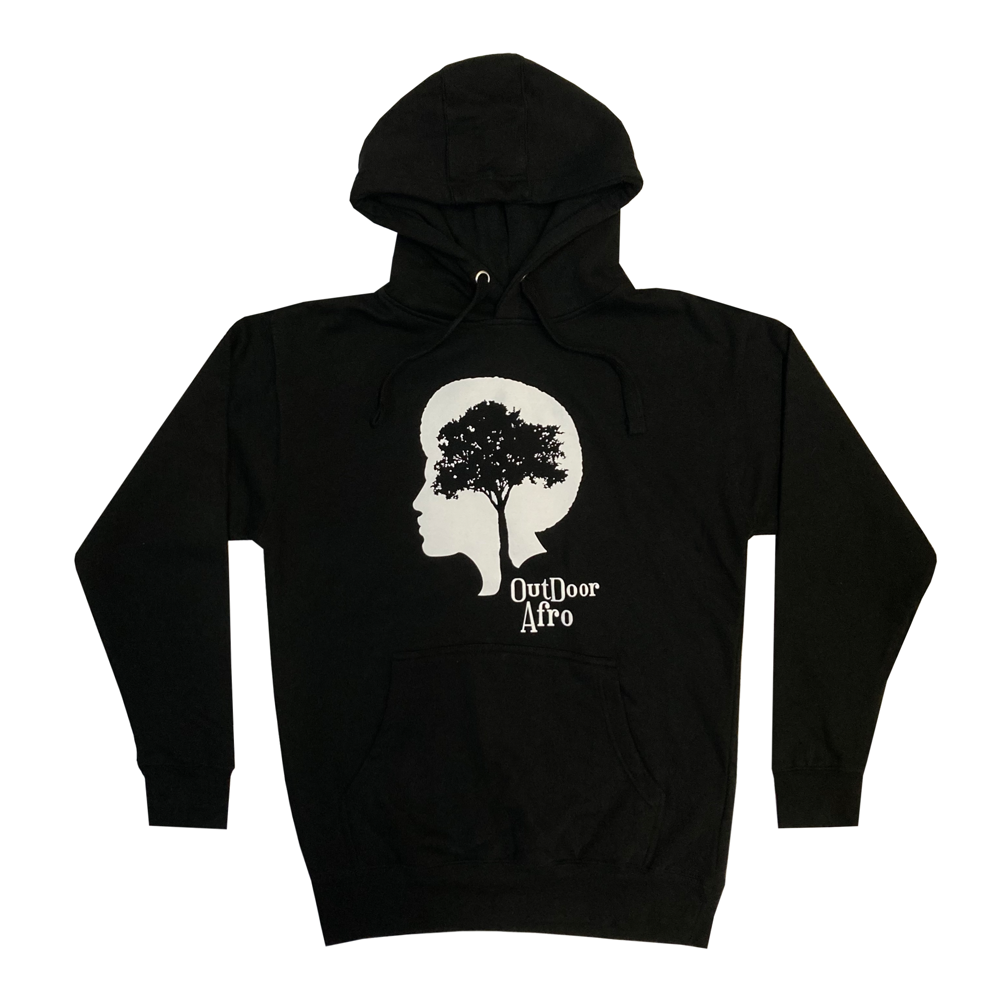 Introducing the Outdoor Afro Hoodie by Partner. This black pullover hoodie showcases a unique frontal design, featuring a silhouette of a person's profile with a large tree seamlessly integrated into their hair. Below the silhouette, the text "Outdoor Afro" is printed. Made from premium heavyweight fleece, it includes a front pocket and drawstrings on the hood for added comfort and style.