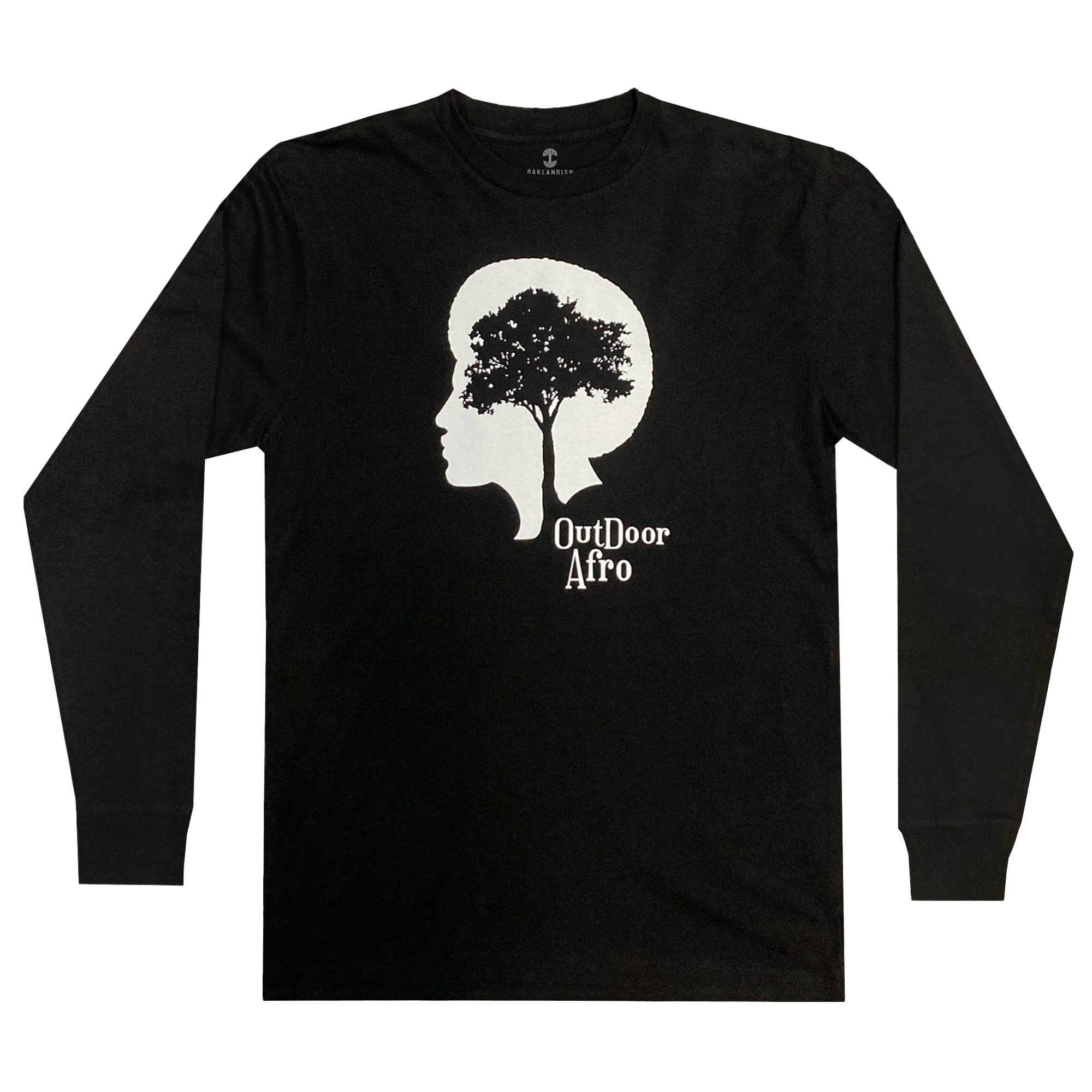 Black long-sleeve t-shirt with white OutDoor Afro logo and wordmark.